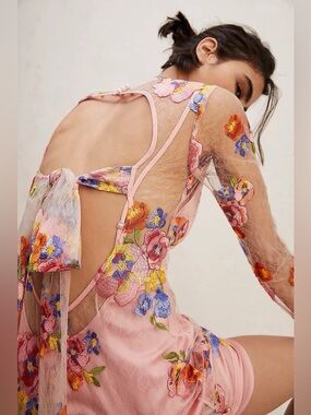 For Love & Lemons Percy Embroidered Mesh Mini Dress